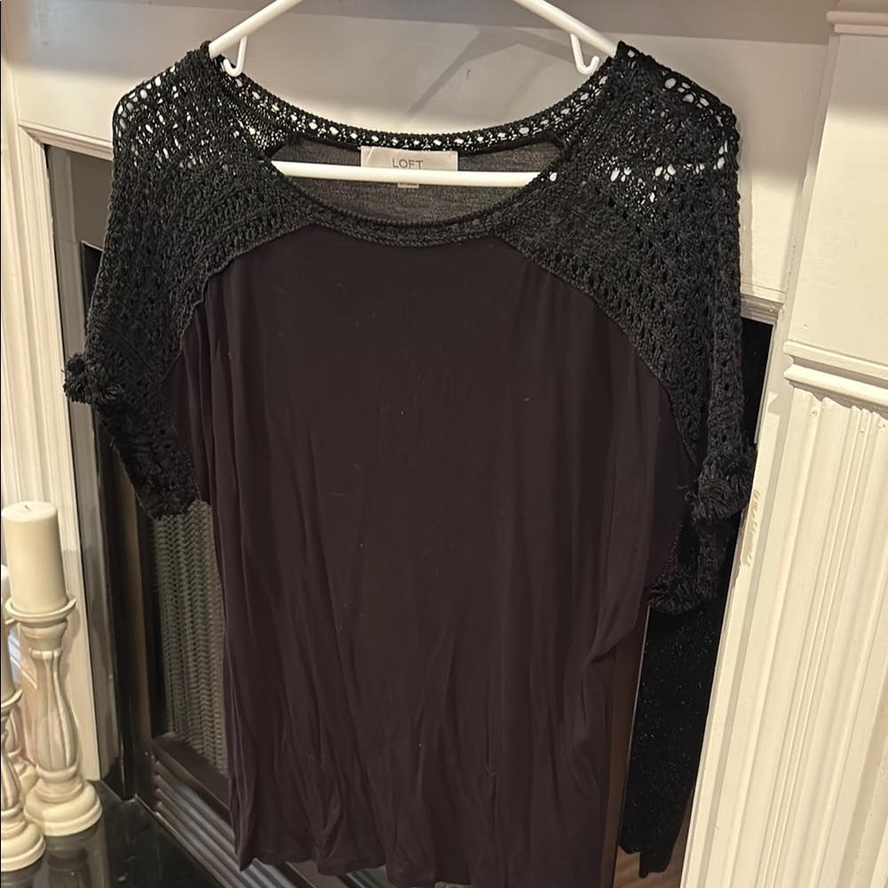 LOFT Women's Black Crochet Sleeve Top